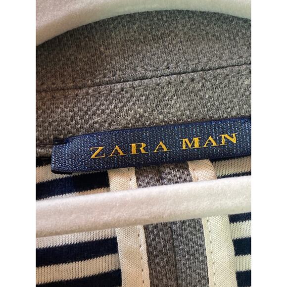 Zara Gray Knit Blazer Interior Cotton Stripes ~ Nautical Prep ~ Men S Women M/L - Picture 4 of 7